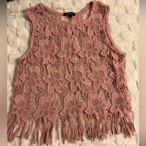 Ambiance Pink Floral Lace Fringe Crop Top